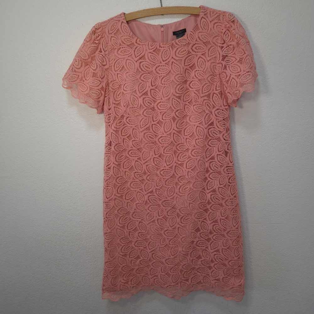 Ann Taylor A-line Midi Coral Floral Lace Short Sleeves Dress Womens Size 4